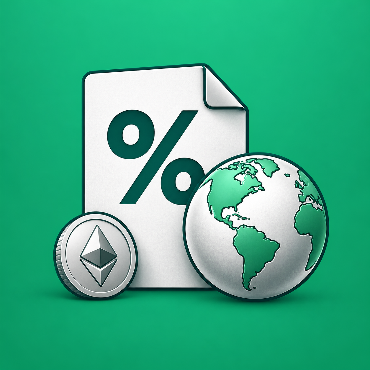 Tax document, cryptocurrency coin and globe on a green background
